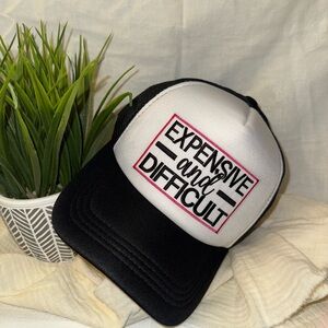 Black and White Trucker Hat with black embroideredExpensive and Difficult Patch